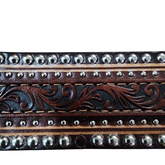 Tony Lama Men Leather Tooled Belt Sz 40 Western Equestrian Cowboy Floral Studded - Picture 8 of 9
